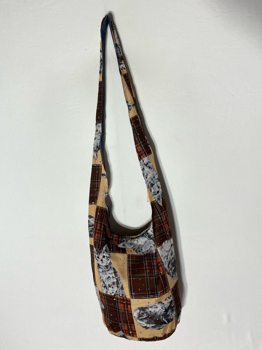 Quirky Cottagecore Cat Lover Patchwork Shoulder Bag Brown Plaid Whimsigoth
